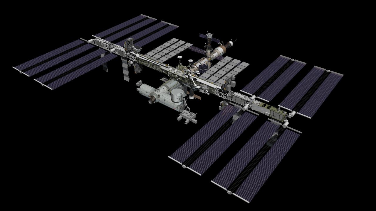 JSC2011-E-072138 (July 2011) --- Computer-generated artist?s rendering of the port view of the complete configuration of the International Space Station as of July 18, 2011, following the STS-135 mission. Progress 43 is linked to the aft port of the Zvezda Service Module. Soyuz 27 (TMA-02M) is docked to the Rassvet Mini-Research Module 1 (MRM1). Progress 42 is attached to the Pirs Docking Compartment and Soyuz 26 (TMA-21) is docked to the Poisk Mini-Research Module 2 (MRM2). Photo credit: NASA