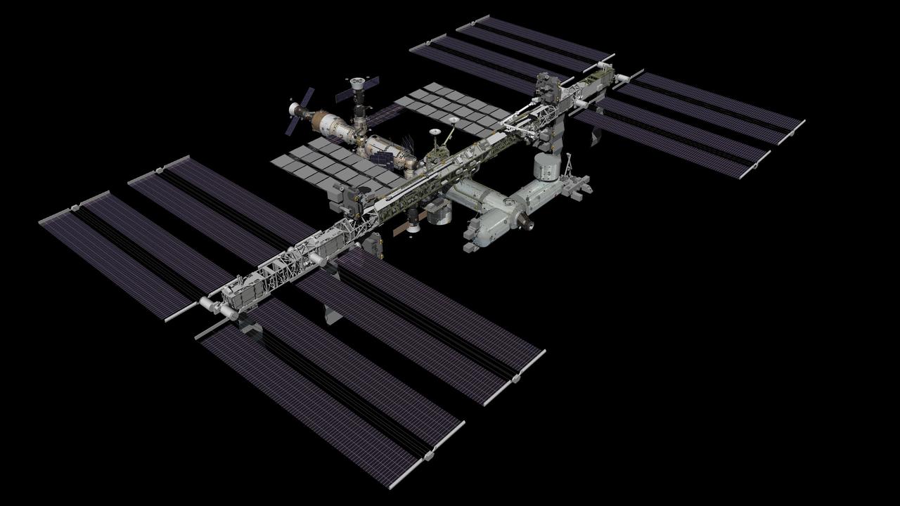 JSC2011-E-072139 (July 2011) --- Computer-generated artist?s rendering of the starboard view of the complete configuration of the International Space Station as of July 18, 2011, following the STS-135 mission. Progress 43 is linked to the aft port of the Zvezda Service Module. Soyuz 27 (TMA-02M) is docked to the Rassvet Mini-Research Module 1 (MRM1). Progress 42 is attached to the Pirs Docking Compartment and Soyuz 26 (TMA-21) is docked to the Poisk Mini-Research Module 2 (MRM2). Photo credit: NASA