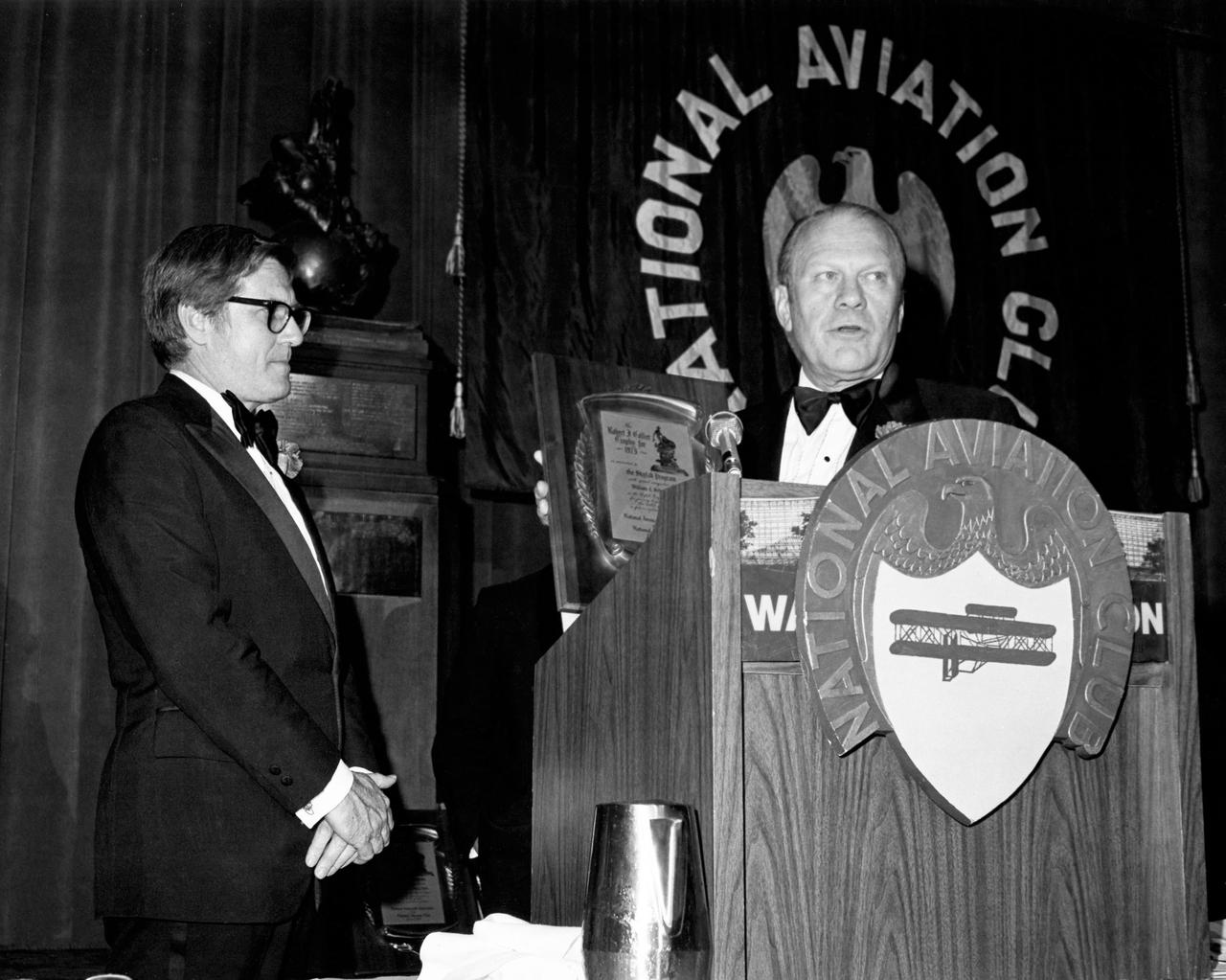 JSC2011-E-075769 (4 June 1974) --- Vice President Gerald R. Ford presented the Collier Trophy Award for 1973 to Skylab Program Director William C. Schneider on June 4, 1974 in Washington. (original HQ number is 74H423) Photo credit: NASA