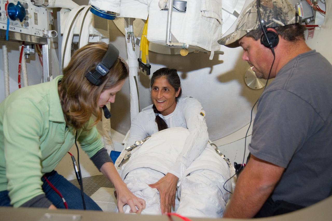 Expedition 32 crew member Sunita Williams during her EMU Training and Certification.  Photo Date: September 8, 2011.  Location: Building 7 - SSATA Chamber.  Photographer: Robert Markowitz