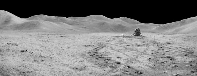 NASA image: jsc2011e118360 - Panorama view of Station 8 and (Mons) Mt. Hadley taken during the third moonwalk of the Apollo 15 mission. The panoramas were built by combining Apollo 15 images starting with frame AS15-82-11054 thru end frame AS15-82-11058. The panoramic