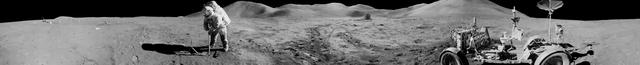 NASA image: jsc2011e118361 - Panorama view of Apollo 15 lunar module pilot James B. Irwin, using a scoop in making a trench in the lunar soil during the second moonwalk of the mission. The panoramas were built by combining Apollo 15 images starting with frame AS15-92-