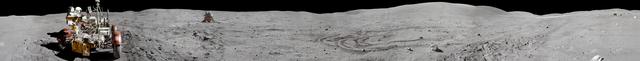 jsc2011e118362 - Panorama view of Apollo 16 lunar surface photos of the Station 10 and Sample 381 Rock taken during the second moonwalk of the mission. The panoramas were built by combining Apollo 16 images starting with frame AS16-114-18450 thru end frame AS16-114-18467. The panoramic images received minimal retouching by NASA imagery specialists, including the removal of lens flares that were problematic in stitching together the individual frames and blacking out the sky to the lunar horizon. These adjustments were made based on observations of the Moon walkers who reported that there are no stars visible in the sky due to the bright lunar surface reflection of the Sun.