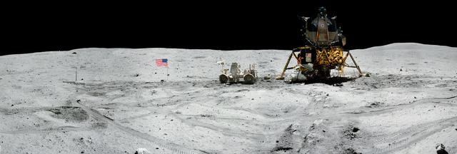 NASA image: jsc2011e118363 - Panorama view of Apollo 16 commander Astronaut John W. Young, working at the Lunar Roving Vehicle (LRV) just prior to deployment of the Apollo Lunar Surface Experiments Package (ALSEP) during the first moonwalk of the mission on April 21, 