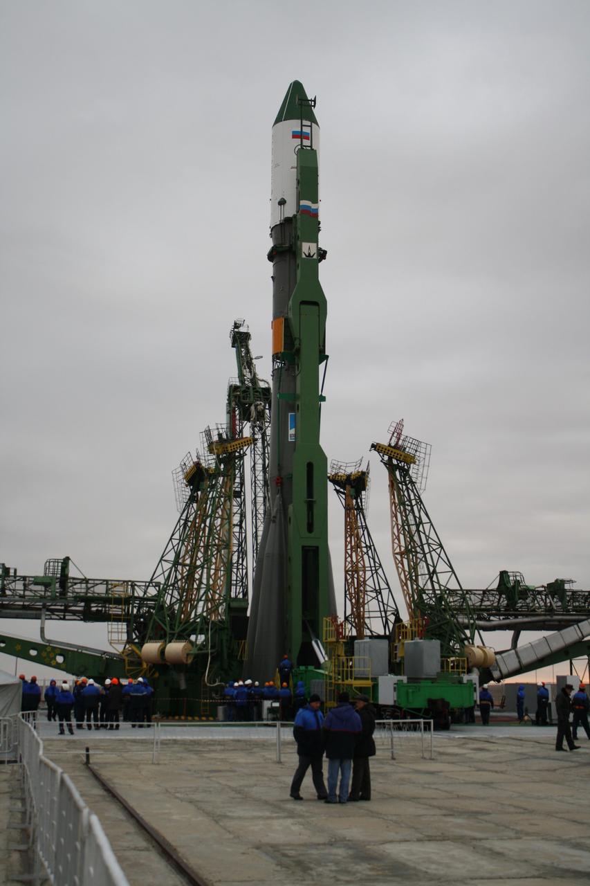 At the Baikonur Cosmodrome in Kazakhstan, the Soyuz booster and its ISS Progress 45 cargo craft rolled to the launch pad in bone-chilling weather on October 28, 2011 in preparation for launch October 31 to send the unmanned Russian resupply vehicle to the International Space Station. The launch will be the first for this configuration of the Soyuz booster rocket since a third-stage engine failure in flight August 24 that resulted in the loss of the previous Progress cargo craft, the ISS Progress 44. ISS Progress 45 is loaded with almost three tons of food, fuel and supplies for the residents of the orbital laboratory.  Credit: NASA 