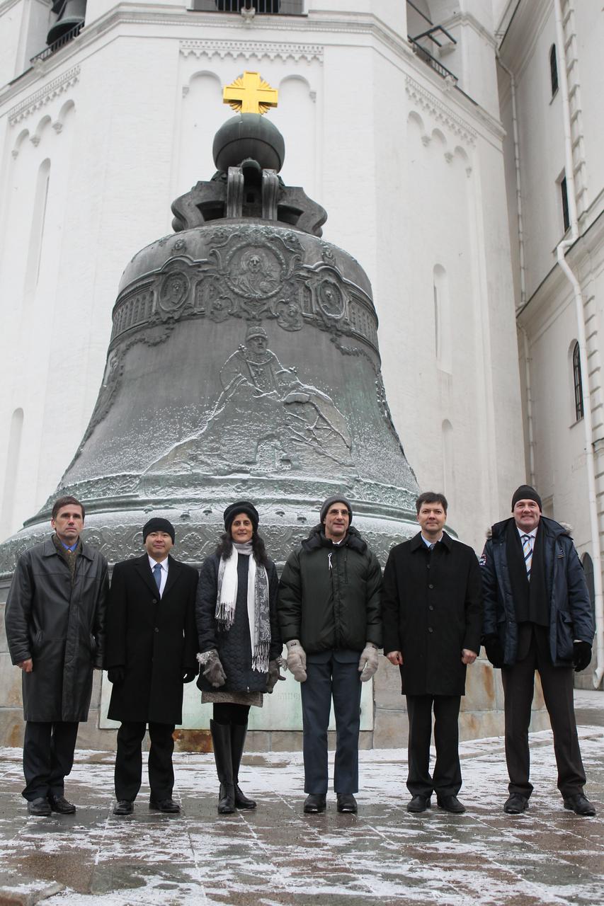 At the Kremlin in Moscow, the backup and prime crews for the next launch of Expedition 30 crewmembers to the International Space Station pose for pictures Dec. 1, 2011 in front of the Tsar Bell following traditional ceremonial activities at Red Square. From left to right are backup Soyuz Commander Yuri Malenchenko, backup NASA Flight Engineer Suni Williams, backup Flight Engineer Aki Hoshide of the Japan Aerospace Exploration Agency and the prime crew --- NASA Flight Engineer Don Pettit, Soyuz Commander Oleg Kononenko and Flight Engineer Andre Kuipers of the European Space Agency. Pettit, Kononenko and Kuipers will launch Dec. 21 from the Baikonur Cosmodrome in Kazakhstan on their Soyuz TMA-03M spacecraft. Credit: NASA