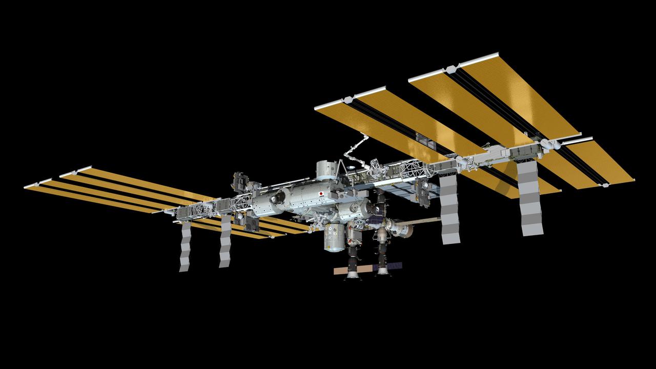 JSC2011-E-216579 (December 2011) --- Computer-generated artist?s rendering of the International Space Station as of Dec. 23, 2011. Soyuz 29 (TMA-03M) docks to the Rassvet Mini-Research Module 1 (MRM1), bringing Expedition 30 crew members (Pettit, Kononenko and Kuipers) to the space station. Soyuz 28 (TMA-22) is docked to the Poisk Mini-Research Module 2 (MRM2) and Progress 45 is linked to the Pirs Docking Compartment. Photo credit: NASA