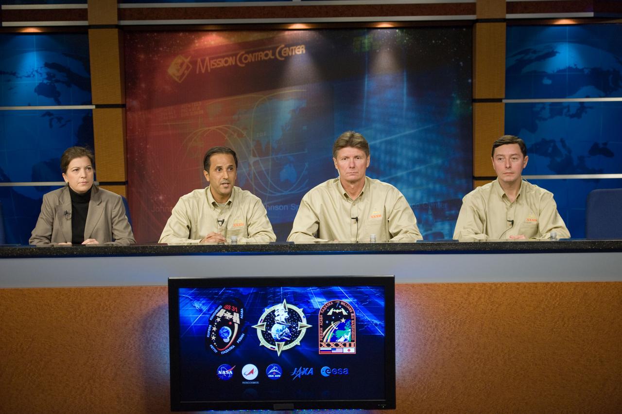 Soyuz 30/31 Crew Press Conference (Joe Acaba, Gennady Padalka (RSA), Sergei Revin (RSA).  Photo Date: January 11, 2012.  Location: Building 2N, Press Conference Room.  Photographer: Robert Markowitz