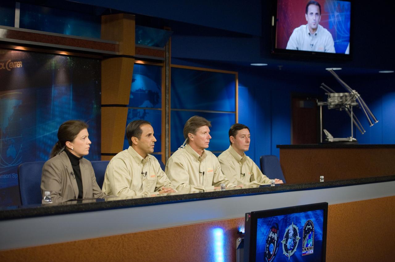 Soyuz 30/31 Crew Press Conference (Joe Acaba, Gennady Padalka (RSA), Sergei Revin (RSA).  Photo Date: January 11, 2012.  Location: Building 2N, Press Conference Room.  Photographer: Robert Markowitz