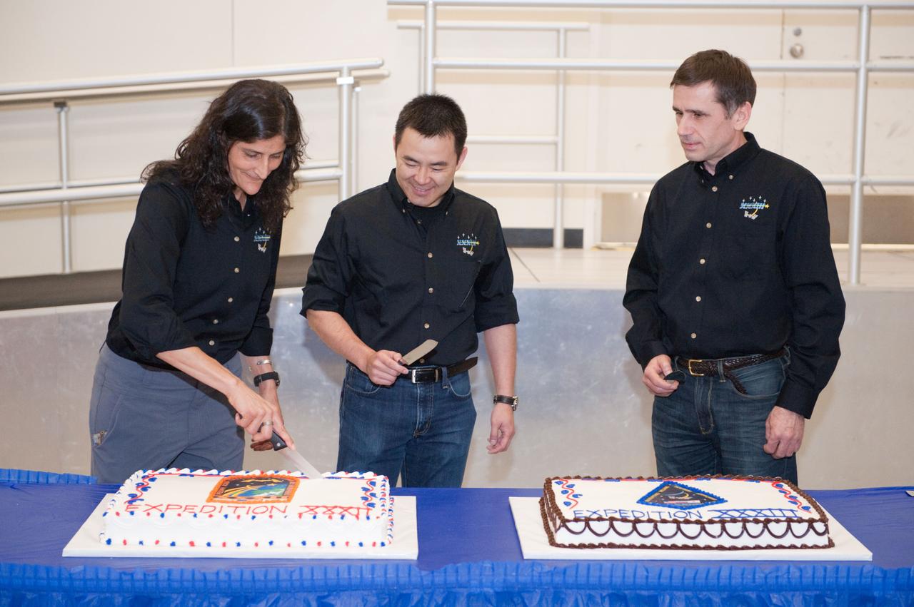 PHOTO DATE: 16 March 2012 LOCATION: Bldg. 5 - High Bay SUBJECT: Soyuz 31/Expedition 33 crew during end of training cake cutting ceremony. PHOTOGRAPHER: Mark Sowa