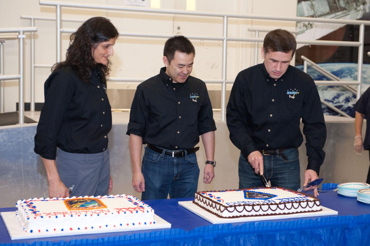 PHOTO DATE: 16 March 2012 LOCATION: Bldg. 5 - High Bay SUBJECT: Soyuz 31/Expedition 33 crew during end of training cake cutting ceremony. PHOTOGRAPHER: Mark Sowa