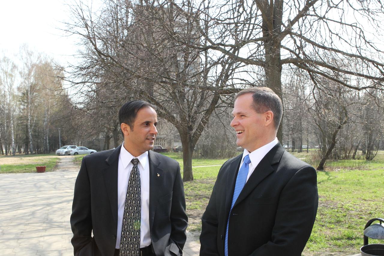 (25 April 2012) --- At the Gagarin Cosmonaut Training Center in Star City, Russia, outside Moscow, Expedition 31 flight engineer Joe Acaba converses with backup crewmember and NASA astronaut Kevin Ford just after their press conference April 25. Acaba, along with Russian cosmonauts Gennady Padalka and Sergei Revin (not pictured), will launch on May 15 from the Baikonur Cosmodrome in Kazakhstan to the International Space Station. Photo credit: NASA/Stephanie Stoll
