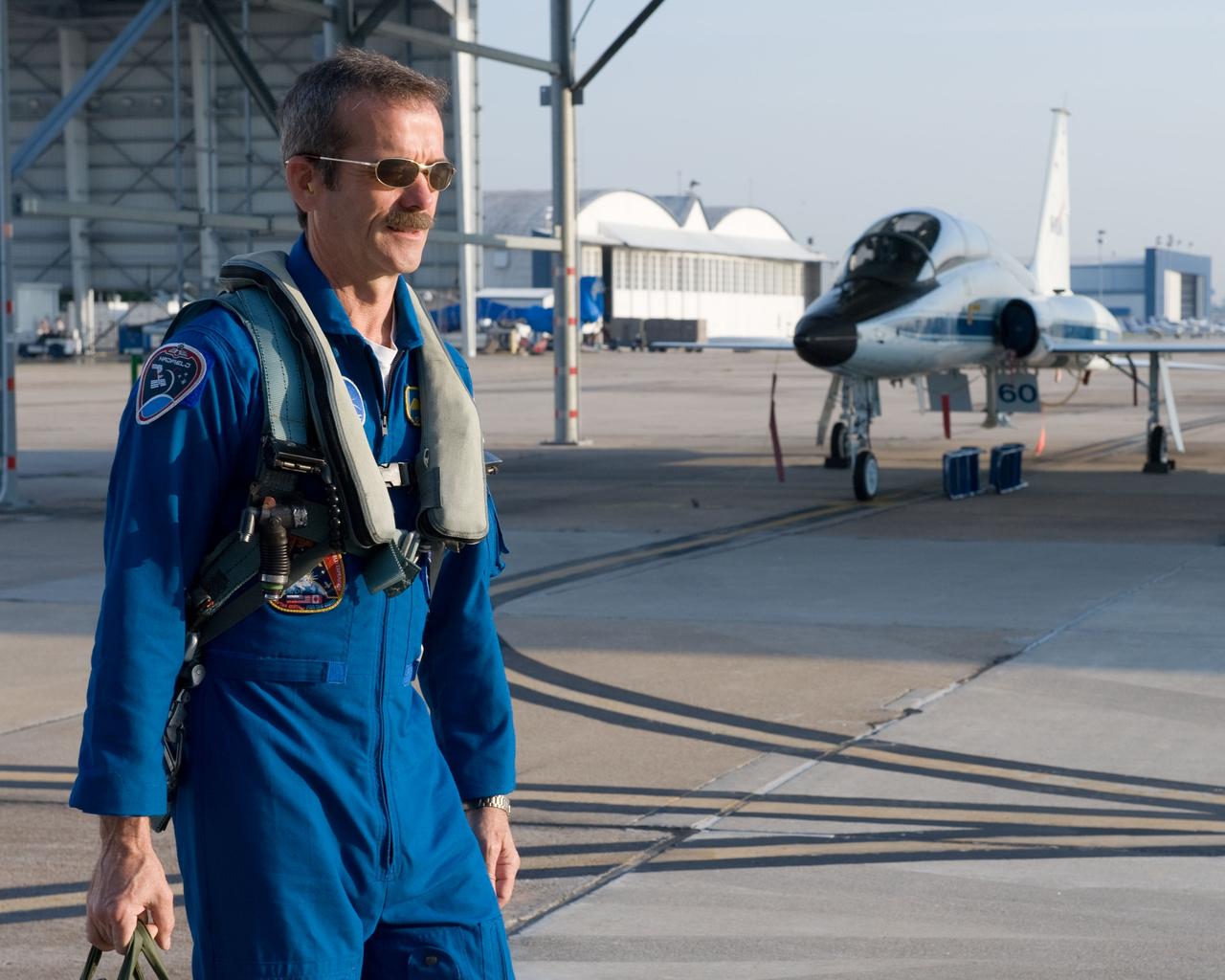Expedition 35 (Soyuz 33S) crew member Chris Hadfield preparing for a T-38 flight.  Photo Date: May 14, 2012.  Location: Ellington Field - Hangar 276 - Tarmac.  Photographer: Robert Markowitz