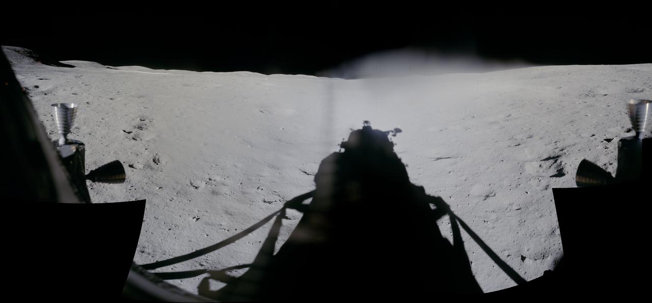 jsc2012e052597 - Panorama view from the Apollo 16 Lunar Module (LM) window taken on-orbit during Revolution 16 of the mission. The panoramas were built by combining Apollo 16 images starting with frame AS16-113-18297 thru end frame AS16-113-18307. The panoramic images received minimal retouching by NASA imagery specialists, including the removal of lens flares that were problematic in stitching together the individual frames and blacking out the sky to the lunar horizon. These adjustments were made based on observations of the Moon walkers who reported that there are no stars visible in the sky due to the bright lunar surface reflection of the Sun.