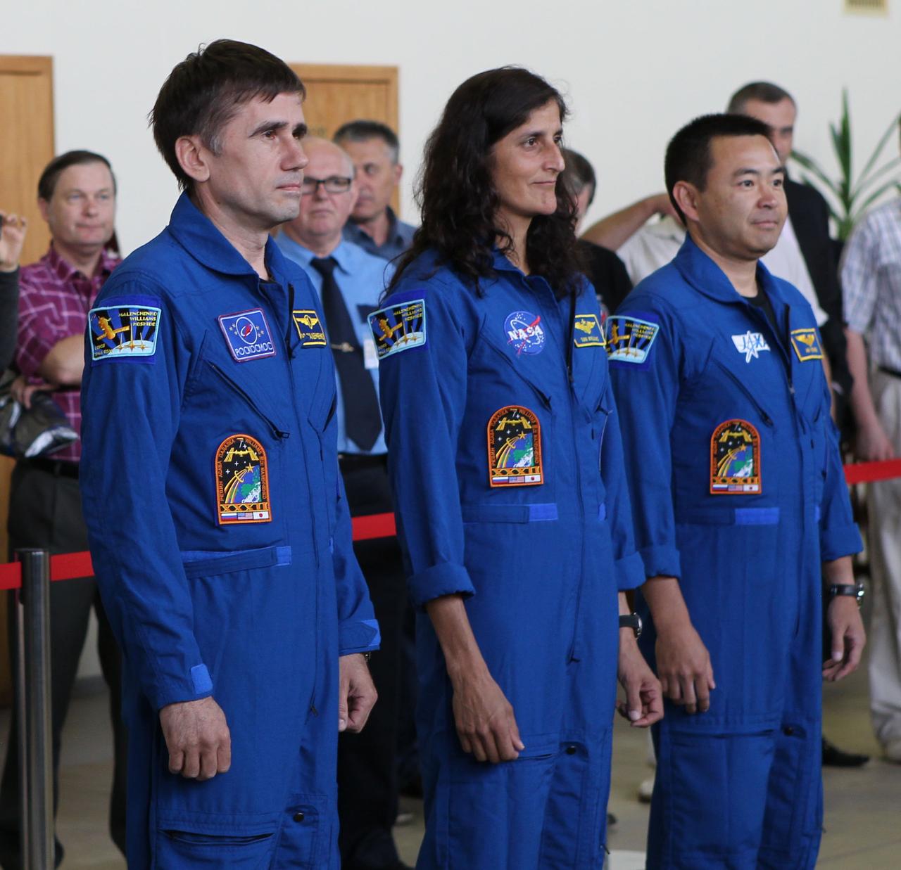 (19 June 2012) --- Expedition 32/33 Soyuz Commander Yuri Malenchenko (left), NASA Flight Engineer Suni Williams (center), and Japan Aerospace Exploration Agency Flight Engineer Aki Hoshide prepared for their final Russian Segment qualification test June 19, 2012 at the Gagarin Cosmonaut Training Center in Star City, Russia. Malenchenko, Williams and Hoshide are set to launch July 15 from the Baikonur Cosmodrome in their Soyuz TMA-05M spacecraft to the International Space Station. Photo credit: NASA 