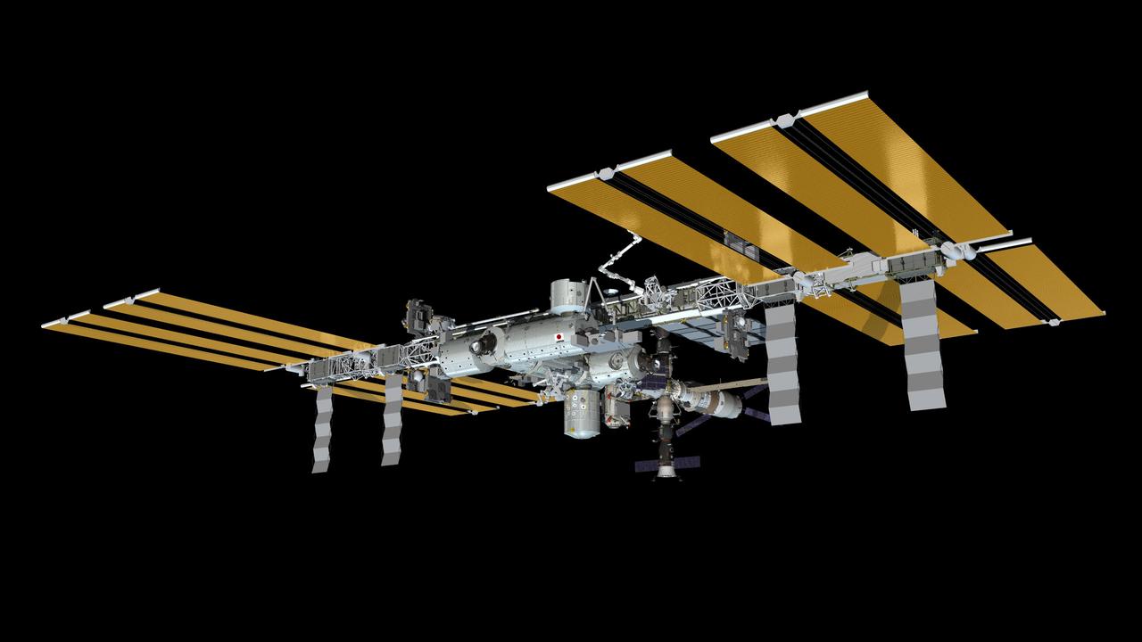 JSC2012-E-096603 (July 2012) --- Computer-generated artist?s rendering of the International Space Station as of July 1, 2012. Soyuz 29 (TMA-03M) undocks from the Rassvet Mini-Research Module 1 (MRM1), returning Expedition 31 crew members (Kononenko, Pettit and Kuipers) to Earth. Progress 47 is linked to the Pirs Docking Compartment. European Space Agency?s Automated Transfer Vehicle-3 (ATV-3) ?Edoardo Amaldi? is attached to the Zvezda Service Module and Soyuz 30 (TMA-04M) is docked to the Poisk Mini-Research Module 2 (MRM2). Photo credit: NASA