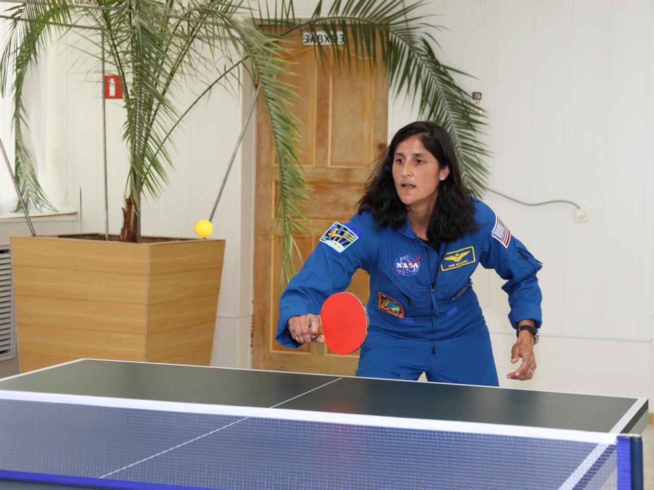 Expedition 32/33 Flight Engineer Sunita Williams of NASA gets in a round of ping-pong at the Cosmonaut Hotel crew quarters in Baikonur, Kazakhstan July 9, 2012 as she prepares for launch July 15 to the International Space Station in the Soyuz TMA-05M spacecraft. Williams will launch with Soyuz Commander Yuri Malenchenko and Flight engineer Aki Hoshide of the Japan Aerospace Exploration Agency.  NASA/Victor Zelentsov 