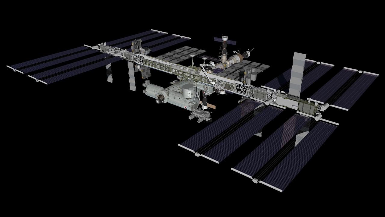 JSC2012-E-231604 (November 2012) --- Computer-generated artist?s rendering of the International Space Station as of Nov. 1, 2012. A Photovoltaic Radiator (PVR) is deployed on the ISS P6 truss during U.S. spacewalk 20. Progress 49 resupply vehicle is docked to the Zvezda Service Module aft port. Soyuz 32 (TMA-06M) is linked to the Poisk Mini-Research Module 2 (MRM2). Progress 48 is docked to the Pirs Docking Compartment and Soyuz 31 (TMA-05M) is attached to the Rassvet Mini-Research Module 1 (MRM1). Photo credit: NASA