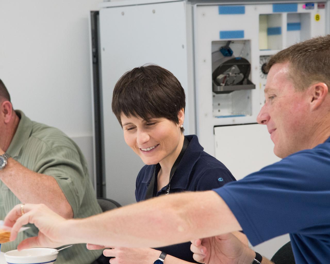 PHOTO DATE:  11-08-12 LOCATION:  Bldg. 17, Rm 1070 - Food Lab   SUBJECT:  Expedition 41/42 crew members Barry Wilmore, Terry Virts and Italian ESA astronaut Samantha Cristoforetti during their food tasting in Bldg. 17. PHOTOGRAPHER:  BILL STAFFORD