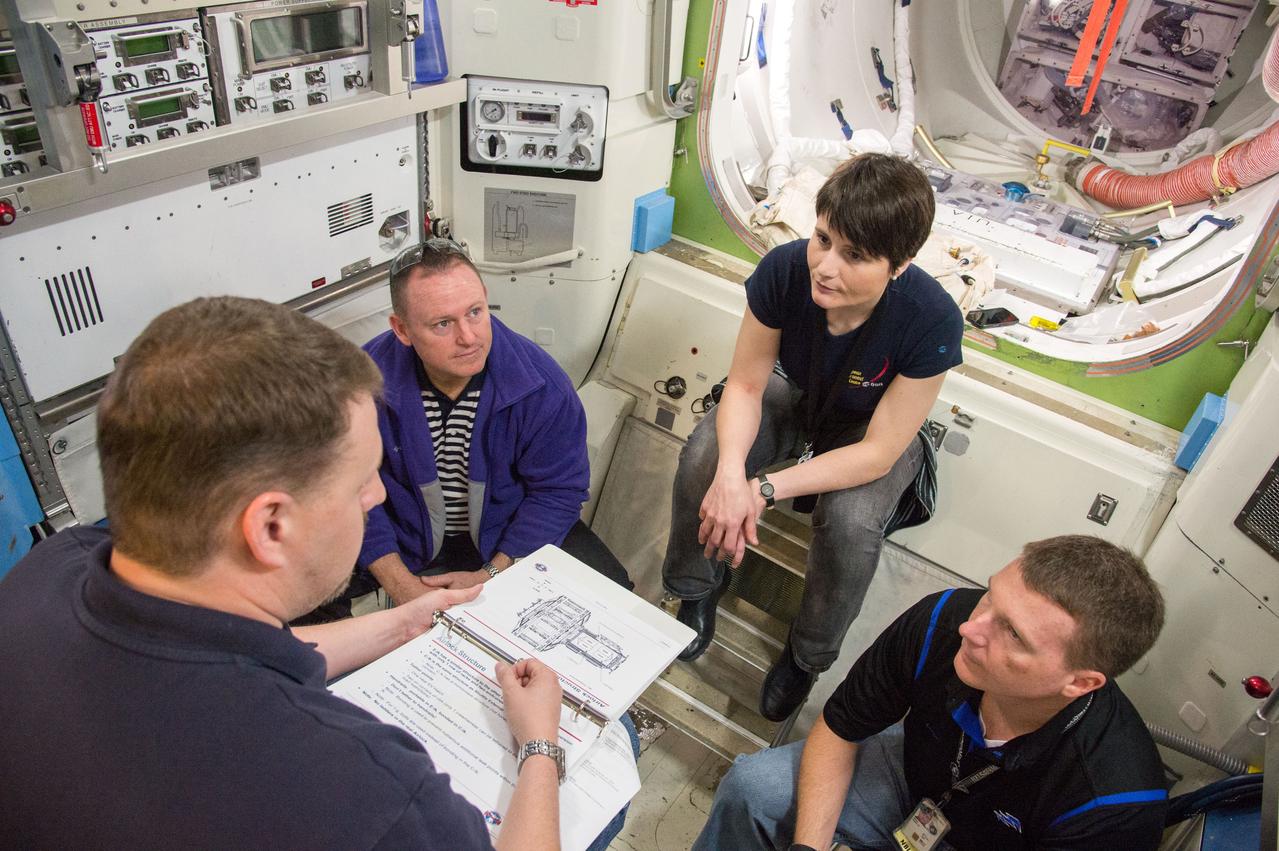 PHOTO DATE:   11-16-12 LOCATION:  Bldg. 9NW - ISS Mockups  SUBJECT: Expedition 41/42 crew members Barry Wilmore, Terry Virts and Italian ESA astronaut Samantha Cristoforetti during ISS Joint AL Hardware training in the ISS mockups. PHOTOGRAPHER: BILL STAFFORD