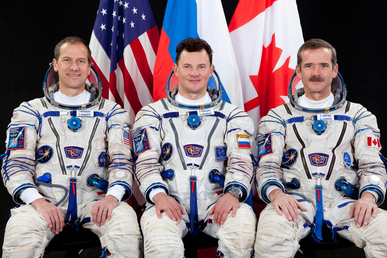 JSC2012-E-238481 (14 Nov. 2012) --- Canadian Space Agency astronaut Chris Hadfield (right), Expedition 34 flight engineer and Expedition 35 commander; along with Russian cosmonaut Roman Romanenko (center) and NASA astronaut Tom Marshburn, both Expedition 34/35 flight engineers, attired in Russian Sokol launch and entry suits, take a break from training in Star City, Russia to pose for a portrait. Photo credit: Gagarin Cosmonaut Training Center