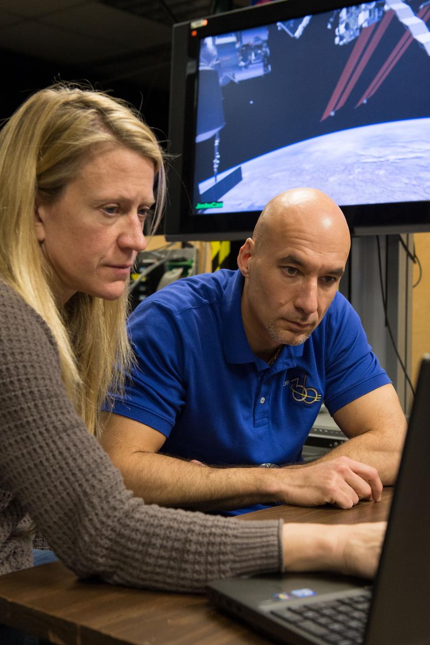 Expedition 36/37 crew members Luca Parmitano and Karen Nyberg during  SAFER training in the VR Lab