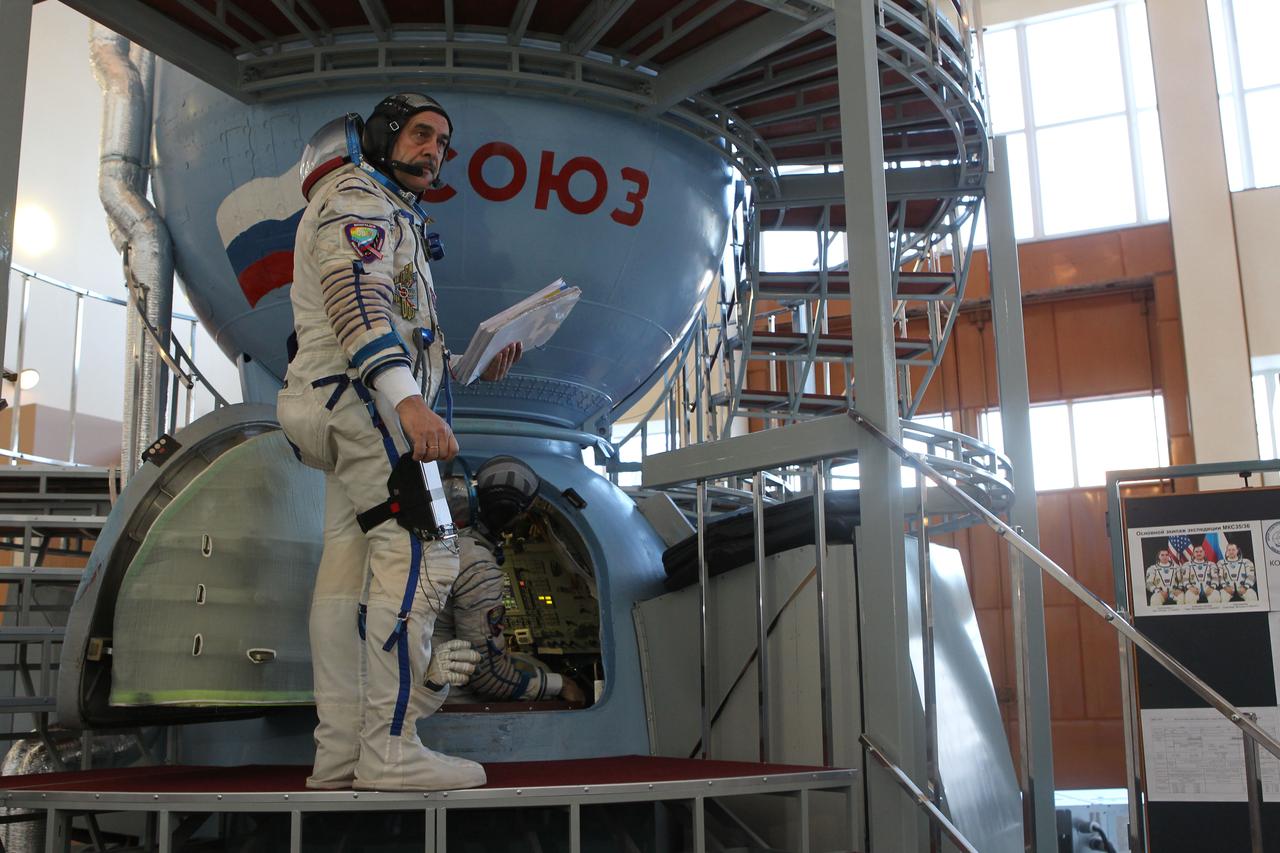 At the Gagarin Cosmonaut Training Center in Star City, Russia, Expedition 35-36 Soyuz Commander Pavel Vinogradov prepares to enter a Soyuz spacecraft mockup March 5 for the start of qualification simulation runs. Vinogradov, NASA Flight Engineer Chris Cassidy and Flight Engineer Alexander Misurkin are training for launch March 29, Kazakh time, to the International Space Station in their Soyuz TMA-08M spacecraft from the Baikonur Cosmodrome in Kazakhstan. NASA / Stephanie Stoll