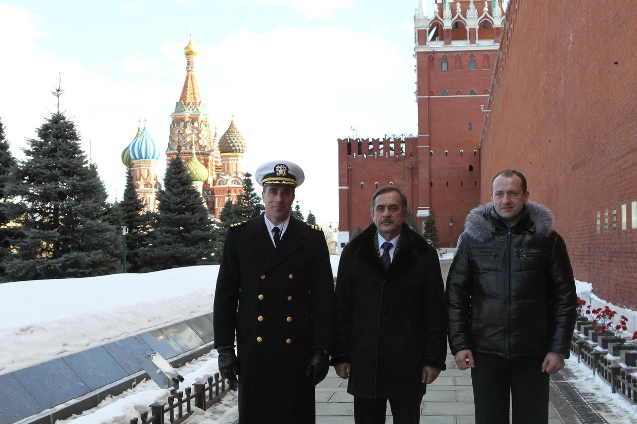 With famed St. Basil’s Cathedral in the background, Expedition 35-36 Flight Engineer Chris Cassidy of NASA (left), Soyuz Commander Pavel Vinogradov (center) and Flight Engineer Alexander Misurkin (right) pose for pictures at the Kremlin Wall March 7 during a traditional visit to Red Square where they laid flowers at the spot where Russian space icons are interred. Cassidy, Vinogradov and Misurkin will launch to the International Space Station March 29, Kazakh time, in their Soyuz TMA-08M spacecraft from the Baikonur Cosmodrome in Kazakhstan. NASA / Stephanie Stoll