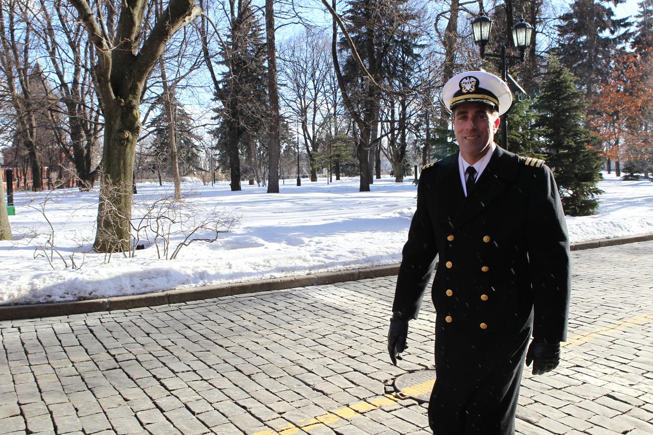 With a few snow flurries falling on an otherwise sunny day, Expedition 35-36 Flight Engineer Chris Cassidy of NASA walked through the grounds of the Kremlin in Moscow March 7 during a traditional tour of the Kremlin and Red Square. Cassidy, Soyuz Commander Pavel Vinogradov and Flight Engineer Alexander Misurkin are preparing for launch to the International Space Station March 29, Kazakh time, in their Soyuz TMA-08M spacecraft from the Baikonur Cosmodrome in Kazakhstan. NASA / Stephanie Stoll