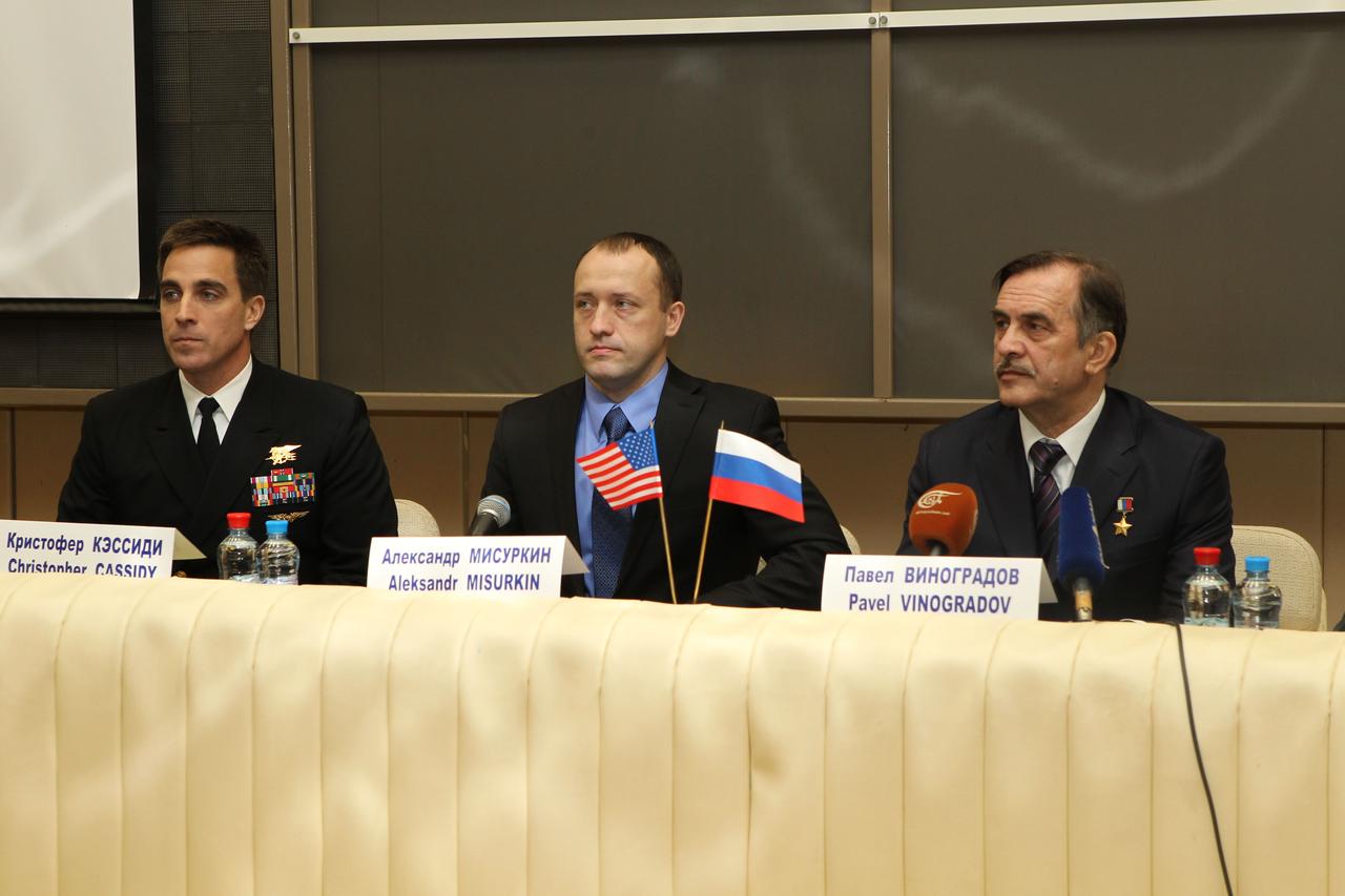 At the Gagarin Cosmonaut Training Center in Star City, Russia, Expedition 35-36 prime crewmembers Chris Cassidy of NASA (left), Alexander Misurkin (center) and Soyuz Commander Pavel Vinogradov (right) listen to questions from reporters March 7 during a pre-launch news conference. The three crewmembers are in the final stages of training for their launch to the International Space Station March 29, Kazakh time, in their Soyuz TMA-08M spacecraft from the Baikonur Cosmodrome in Kazakhstan NASA / Stephanie Stoll
