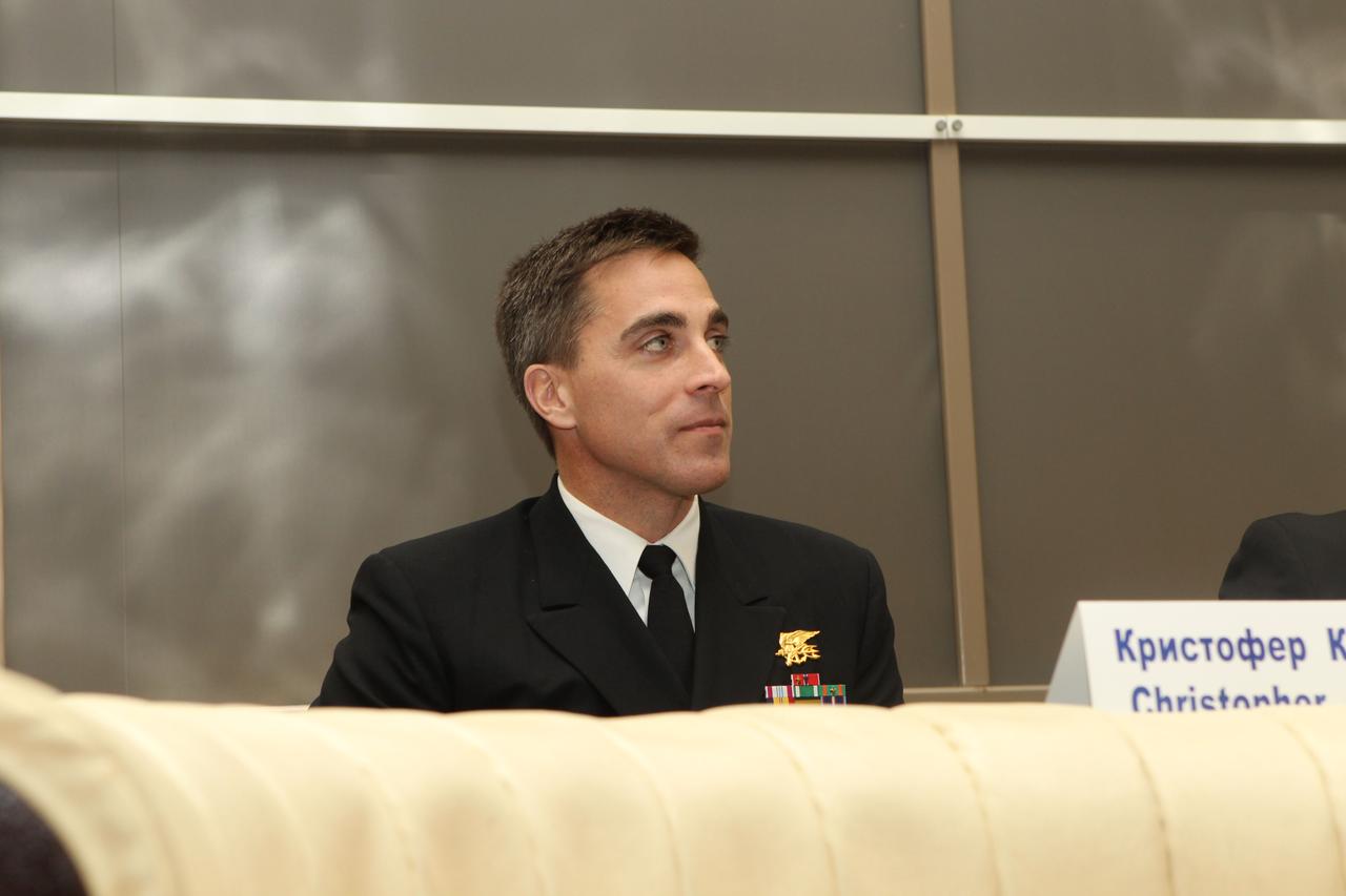 At the Gagarin Cosmonaut Training Center in Star City, Russia, Expedition 35-36 Flight Engineer Chris Cassidy of NASA listens to a question from a reporter during a pre-launch news conference March 7. Cassidy, Soyuz Commander Pavel Vinogradov and Alexander Misurkin are in the final stages of training for their launch to the International Space Station March 29, Kazakh time, in their Soyuz TMA-08M spacecraft from the Baikonur Cosmodrome in Kazakhstan. NASA / Stephanie Stoll