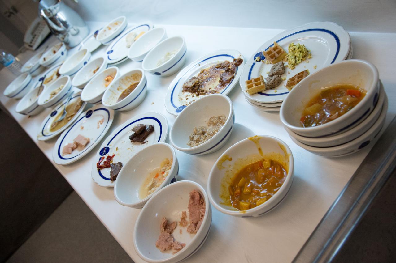 PHOTO DATE: 04-26-13 LOCATION: Bldg. 17, Rm 1070 - Food Lab SUBJECT: Soyuz 38 (Expedition 39/40) crew members Alexander Skvortov and Oleg Artemiev during food tasting in JSC Food Lab. Photograph cosmonauts individually, with food lab personnel, together, etc. PHOTOGRAPHER: BILL STAFFORD