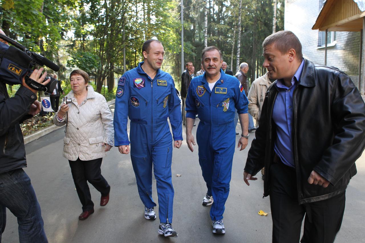 Fresh off of their return to Earth following almost six months aboard the International Space Station, Expedition 36 crewmembers Alexander Misurkin (left) and Pavel Vinogradov (right) take a stroll at the Gagarin Cosmonaut Training Center in Star City, Russia Sept. 13 following a departure ceremony for Expedition 37/38 Soyuz Commander Oleg Kotov, Flight Engineer Sergey Ryazanskiy and NASA Flight Engineer Michael Hopkins. Misurkin and Vinogradov landed in their Soyuz spacecraft on the steppe of Kazakhstan Sept. 11 with NASA’s Chris Cassidy. Hopkins, Kotov and Ryazanskiy left Star City for their launch site at the Baikonur Cosmodrome in Kazakhstan where they will launch Sept. 26, Kazakh time, in the Soyuz TMA-10M spacecraft for a five and a half month mission on the International Space Station. NASA/Stephanie Stoll