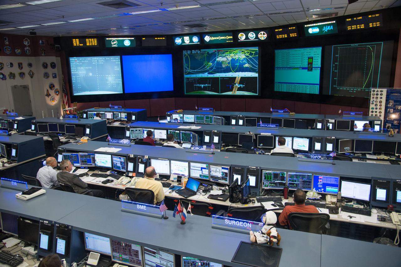 Photographic coverage of Expedition 37 flight controllers on console with Flight Director's Jerry Jason and Tony Ceccacci during the undocking of Europe's 4th Automated Transfer Vehicle (ATV) from the International Space Station. Photo Date: October 28, 2013. Location: Building 30 - FCR1. Photographer: Robert Markowitz