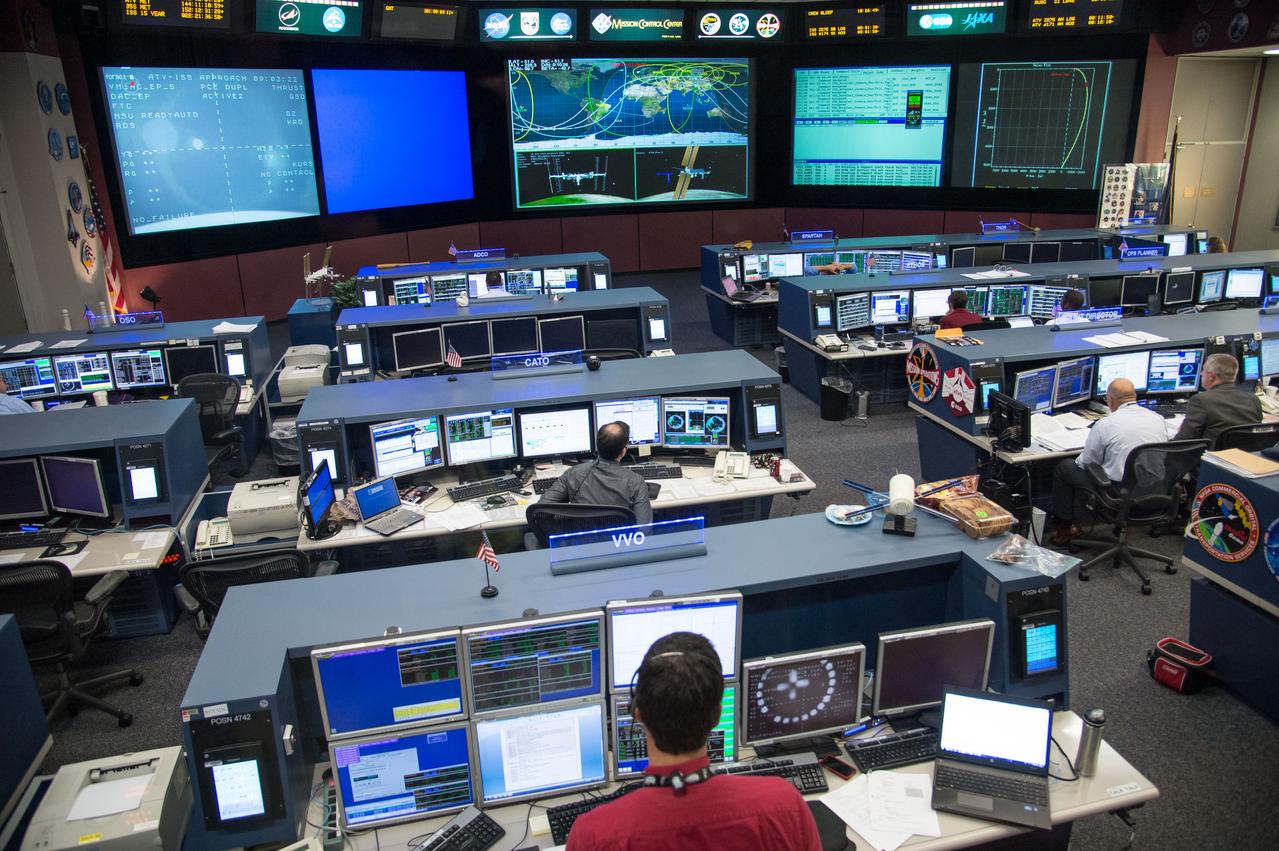 Photographic coverage of Expedition 37 flight controllers on console with Flight Director's Jerry Jason and Tony Ceccacci during the undocking of Europe's 4th Automated Transfer Vehicle (ATV) from the International Space Station. Photo Date: October 28, 2013. Location: Building 30 - FCR1. Photographer: Robert Markowitz