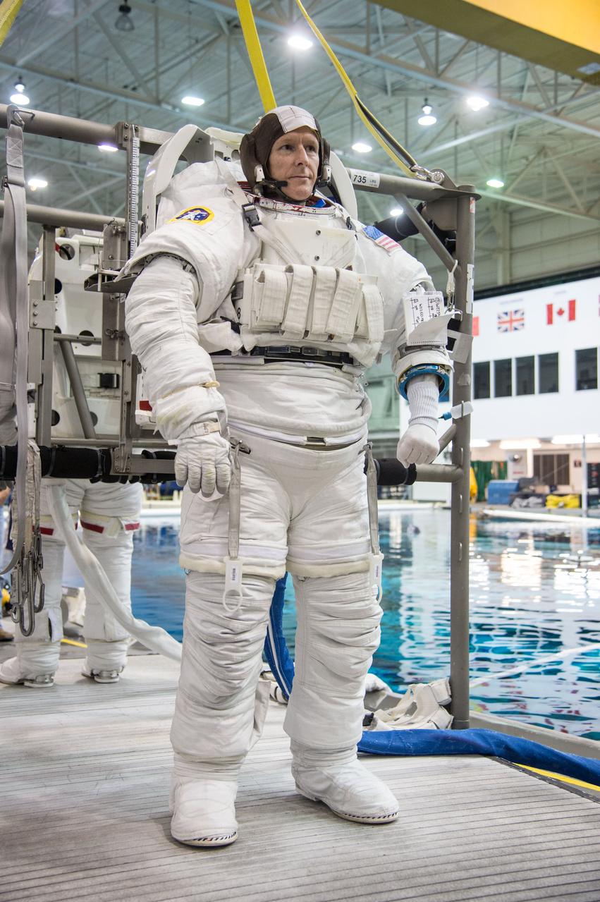 Date: 12-13-13 Location: NBL, Pool Topside Subject: Soyuz 45 crew members, Tim Kopra and ESA astronaut Tim Peake during ISS EVA Maintenance 1 - training at the NBL Photographer: James Blair/NASA