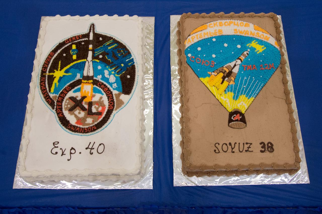 PHOTO DATE: 21 January 2014 LOCATION: Bldg. 5south, High Bay SUBJECT: Space Station Training Facility (SSTF) Cake Cutting Ceremony for Soyuz 38 crew (Swanson, Skvortsov, and Artemiev) marking the end of their training. PHOTOGRAPHER: Mark Sowa