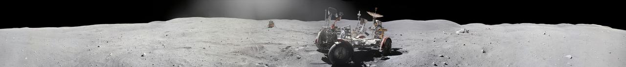 Panorama view of Apollo 16 Lunar surface photos for use in presentations to NASA management and for Outreach Education in regard to new NASA initiative for human planetary research. Photo numbers used for this panoramic include: Apollo 16 start frame AS16-117-18805 thru end frame AS16-117-18823.