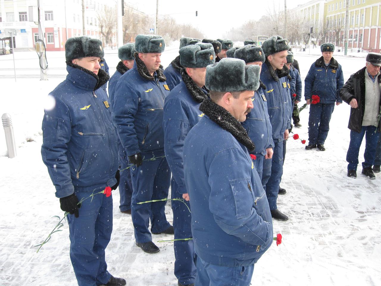 (9 March 2014) --- In Karaganda, Kazakhstan, members of the Russian Search and Recovery Forces prepare to lay flowers March 9 at the statue of Yuri Gagarin, the first human to fly in space, in commemoration of his 80th birthday. Gagarin, who died in an aircraft training accident in 1968, was launched into the history books from the Baikonur Cosmodrome in Kazakhstan on April 12, 1961. NASA astronauts and officials were in Karaganda for the commemoration in advance of supporting the landing March 11, Kazakh time, of Expedition 38 crew members Oleg Kotov, Sergey Ryazanskiy and NASA’s Michael Hopkins in their Soyuz TMA-10M spacecraft.  Photo credit: NASA