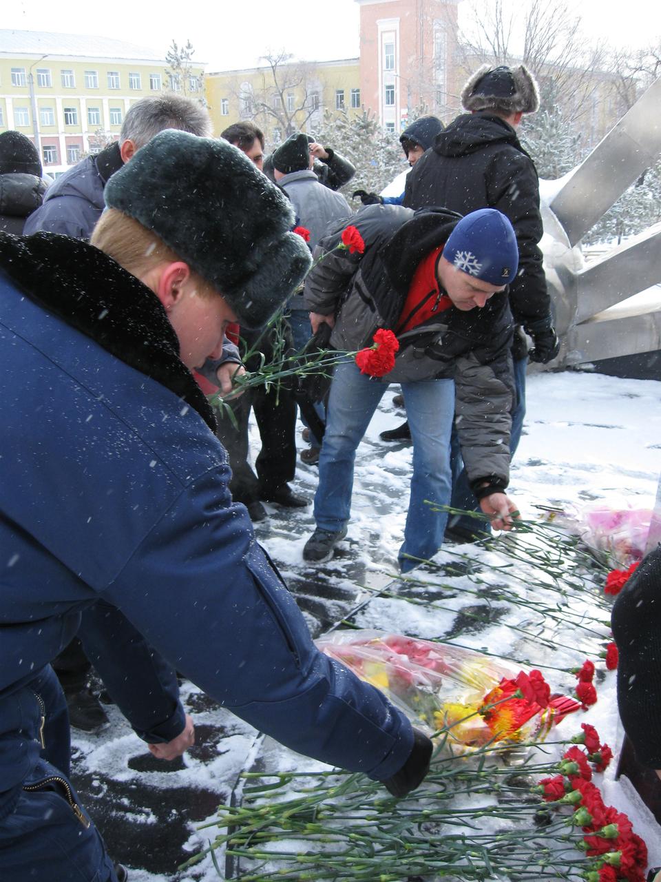 (9 March 2014) --- In Karaganda, Kazakhstan, members of the Russian Search and Recovery Forces lay flowers March 9 at the statue of Yuri Gagarin, the first human to fly in space, in commemoration of his 80th birthday. Gagarin, who died in an aircraft training accident in 1968, was launched into the history books from the Baikonur Cosmodrome in Kazakhstan on April 12, 1961. NASA astronauts and officials were in Karaganda for the commemoration in advance of supporting the landing March 11, Kazakh time, of Expedition 38 crew members Oleg Kotov, Sergey Ryazanskiy and NASA’s Michael Hopkins in their Soyuz TMA-10M spacecraft.  Photo credit: NASA