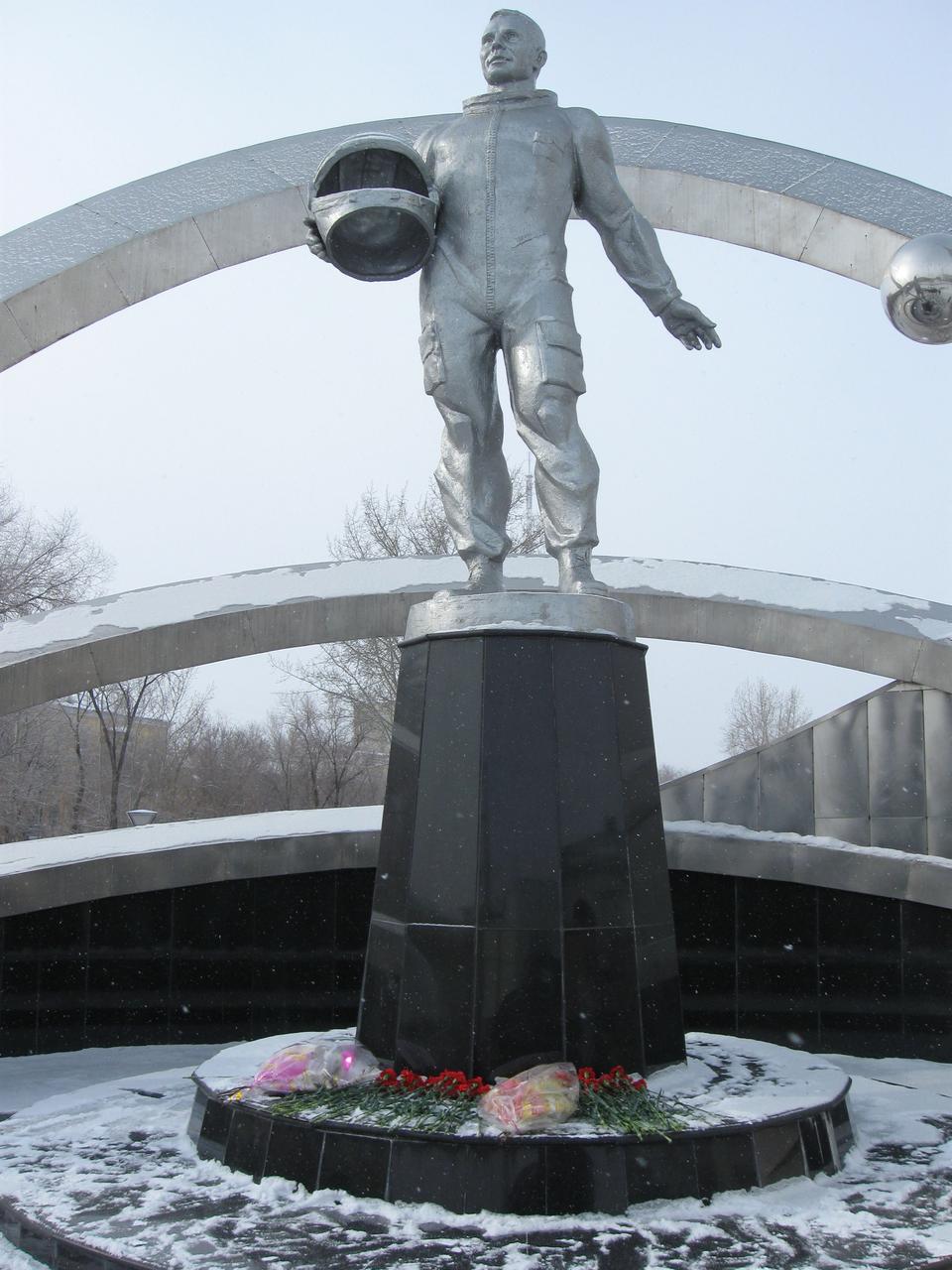 (9 March 2014) --- In Karaganda, Kazakhstan, flowers adorn the statue of Yuri Gagarin, the first human to fly in space, March 9 in commemoration of his 80th birthday. Gagarin, who died in an aircraft training accident in 1968, was launched into the history books from the Baikonur Cosmodrome in Kazakhstan on April 12, 1961. NASA astronauts and officials were in Karaganda for the commemoration in advance of supporting the landing March 11, Kazakh time, of Expedition 38 crew members Oleg Kotov, Sergey Ryazanskiy and NASA’s Michael Hopkins in their Soyuz TMA-10M spacecraft.  Photo credit: NASA