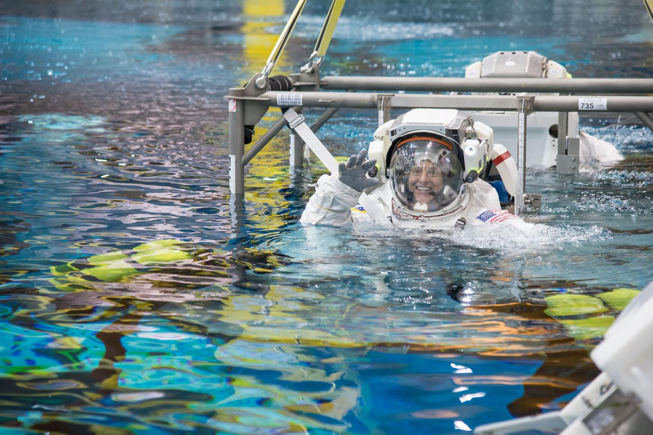 jsc2014e045190 (May 13, 2014) --- NASA astronaut Nicole Mann is pictured being lowered into the Neutral Buoyancy Laboratory during a spacewalk training session.