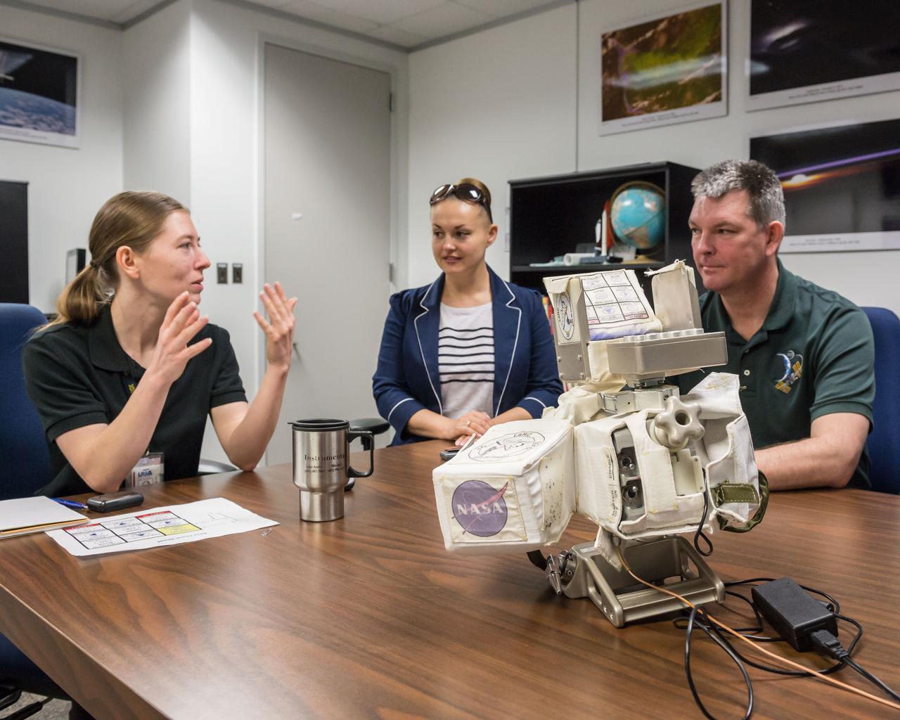 PHOTO DATE: 05/16/14 LOCATION: JSC B4 ROOM 1303 SUBJECT:  Soyuz 40 (Expedition 42) Russian cosmonauts Alexander Samokutyaye and Yelena Serova during EVA IR Camera EQ training with instructor Katrina Willoughby PHOTOGRAPHER: GEESEMAN