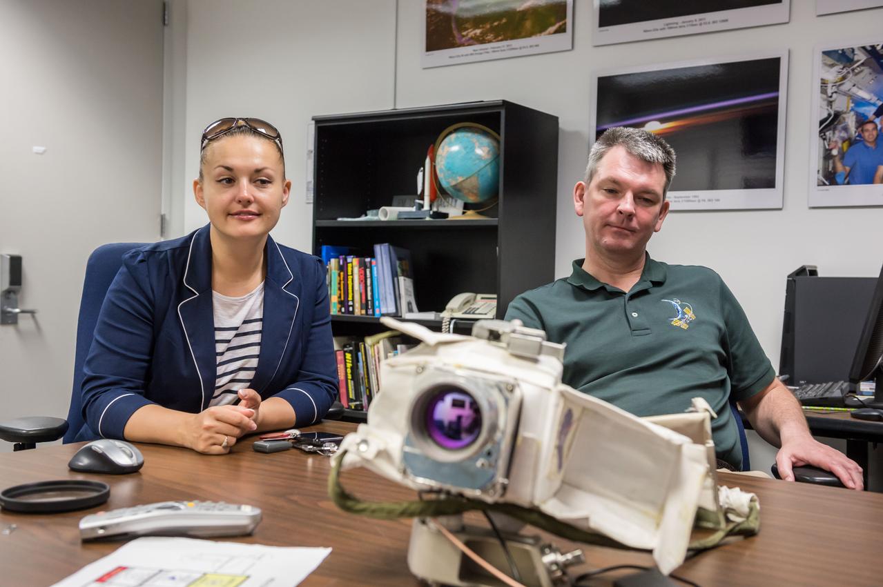 PHOTO DATE: 05/16/14 LOCATION: JSC B4 ROOM 1303 SUBJECT:  Soyuz 40 (Expedition 42) Russian cosmonauts Alexander Samokutyaye and Yelena Serova during EVA IR Camera EQ training with instructor Katrina Willoughby PHOTOGRAPHER: GEESEMAN