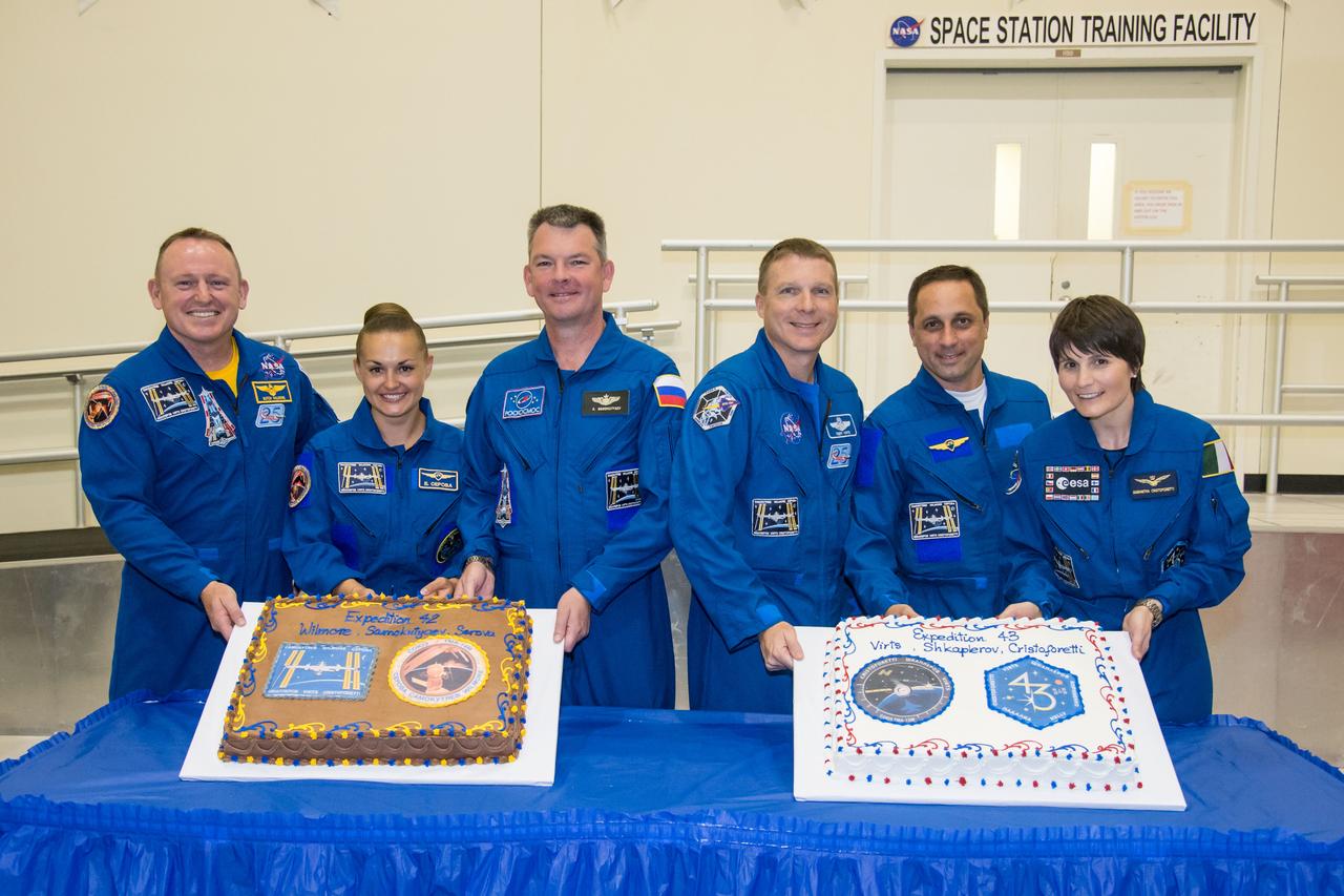 PHOTO DATE: 09 July 2014 LOCATION: Bldg. 5 - Space Station Training Facility High Bay SUBJECT: Expedition 42/43 cake cutting ceremony Soyuz 40(Soyuz 40(Alexander Samokutyaev, Yelena Serova, Barry Wilmore) & Soyuz 41(Anton Shkaplerov, Samantha Cristoforetti, Terry Virts) with ISS trainers. PHOTOGRAPHER: Mark Sowa