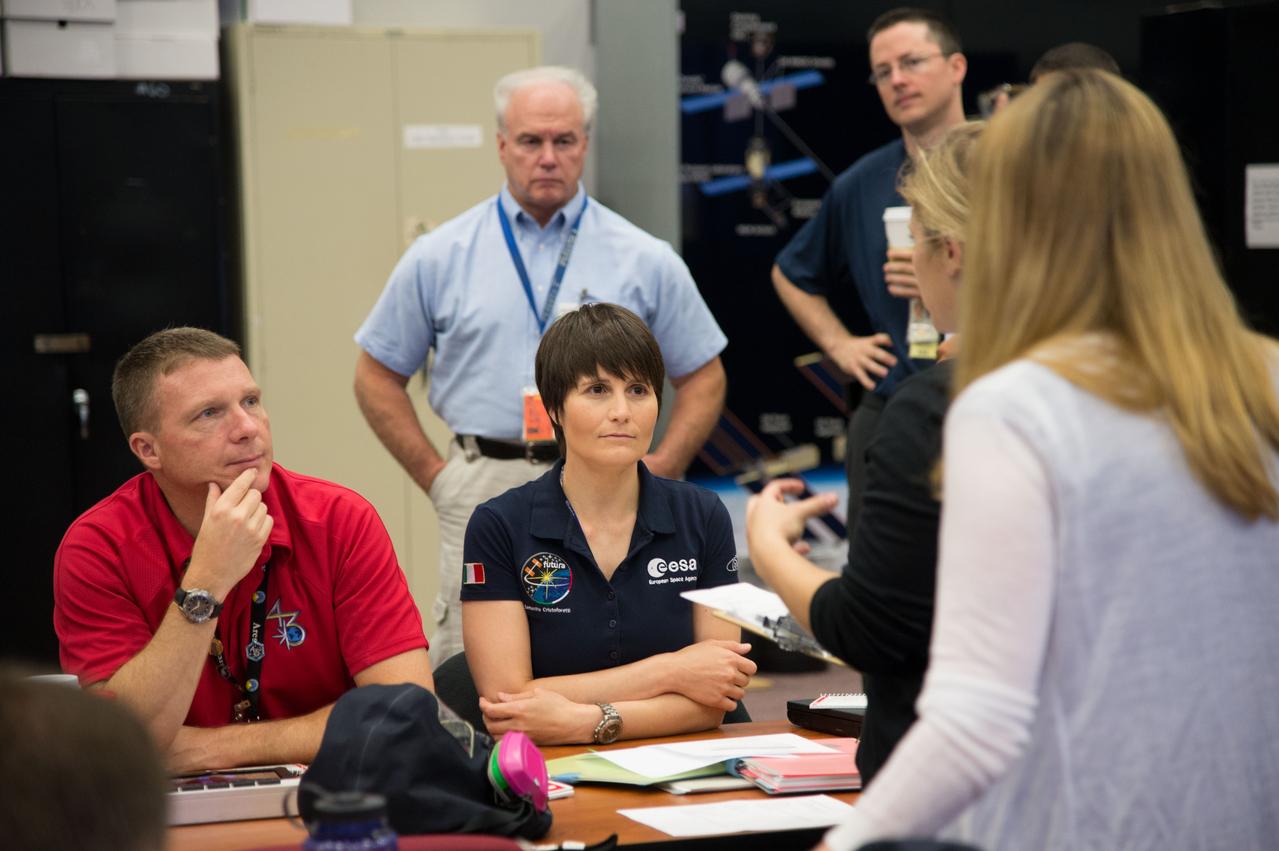 Expedition 43 Emergency Scenarios training in ISS mockups with Soyuz 41(Anton Shkaplerov, Samantha Cristoforetti, Terry Virts) and Soyuz 42 (Gennady Padalka, Mikhail Kornienko, Scott Kelly).  Photo Date: July 10, 2014.  Location: Building 9NW - ISS Mockups.  Photographer: Robert Markowitz