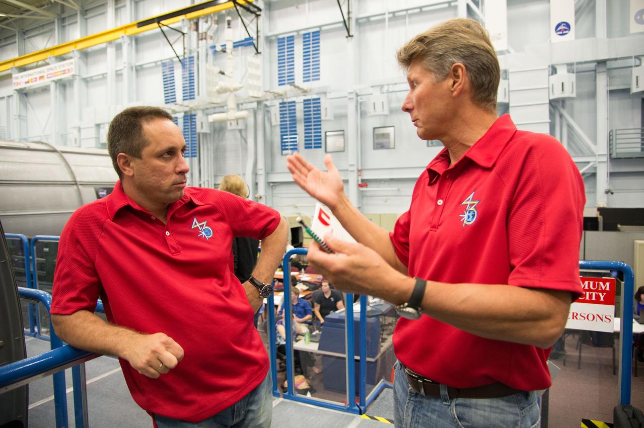 Expedition 43 Emergency Scenarios training in ISS mockups with Soyuz 41(Anton Shkaplerov, Samantha Cristoforetti, Terry Virts) and Soyuz 42 (Gennady Padalka, Mikhail Kornienko, Scott Kelly). Photo Date: July 10, 2014. Location: Building 9NW - ISS Mockups. Photographer: Robert Markowitz