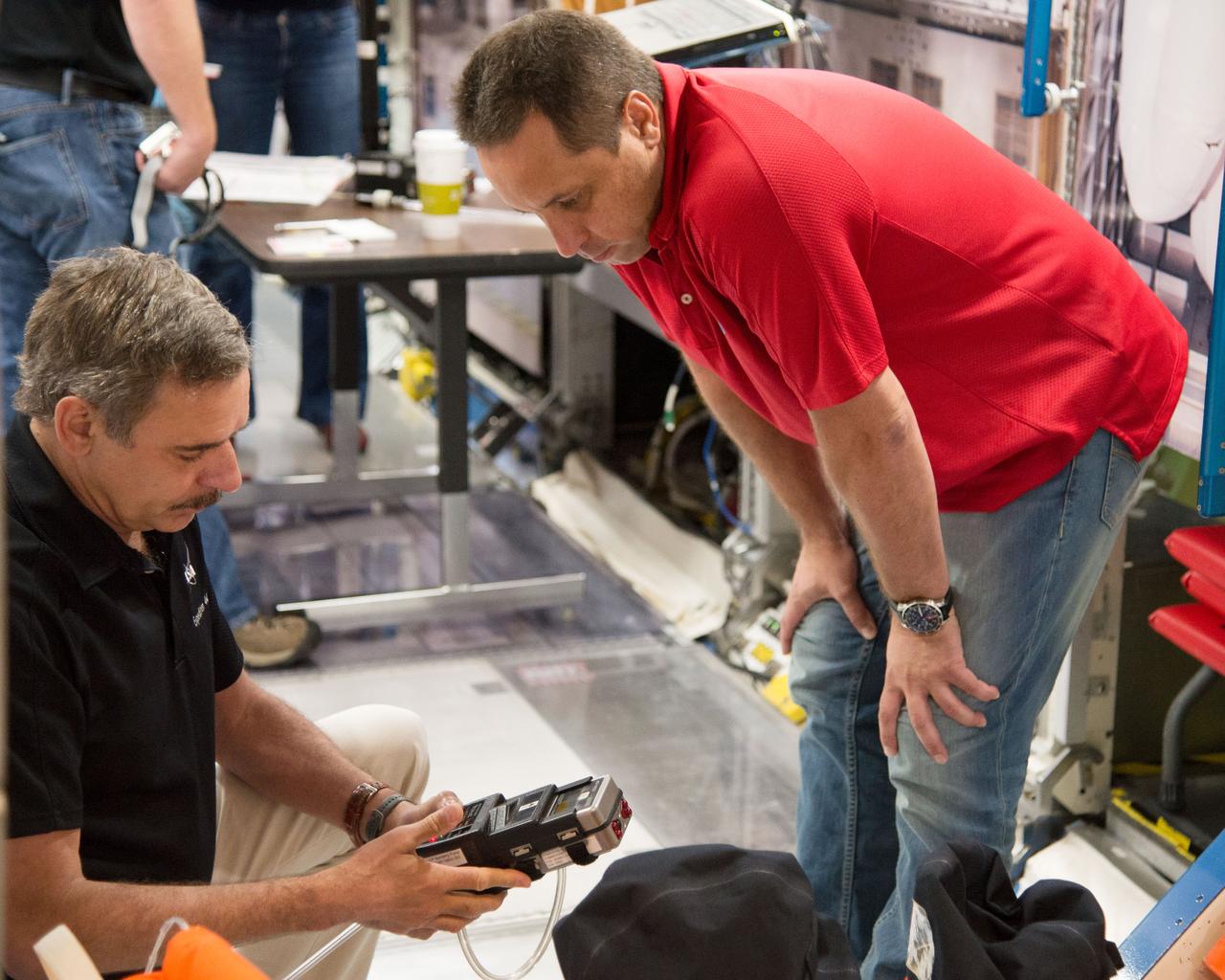 Expedition 43 Emergency Scenarios training in ISS mockups with Soyuz 41(Anton Shkaplerov, Samantha Cristoforetti, Terry Virts) and Soyuz 42 (Gennady Padalka, Mikhail Kornienko, Scott Kelly).  Photo Date: July 10, 2014.  Location: Building 9NW - ISS Mockups.  Photographer: Robert Markowitz