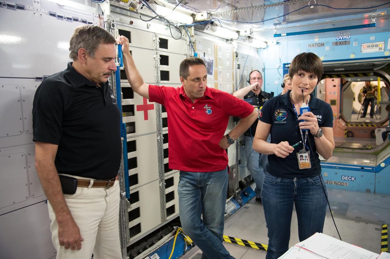 Expedition 43 Emergency Scenarios training in ISS mockups with Soyuz 41(Anton Shkaplerov, Samantha Cristoforetti, Terry Virts) and Soyuz 42 (Gennady Padalka, Mikhail Kornienko, Scott Kelly).  Photo Date: July 10, 2014.  Location: Building 9NW - ISS Mockups.  Photographer: Robert Markowitz