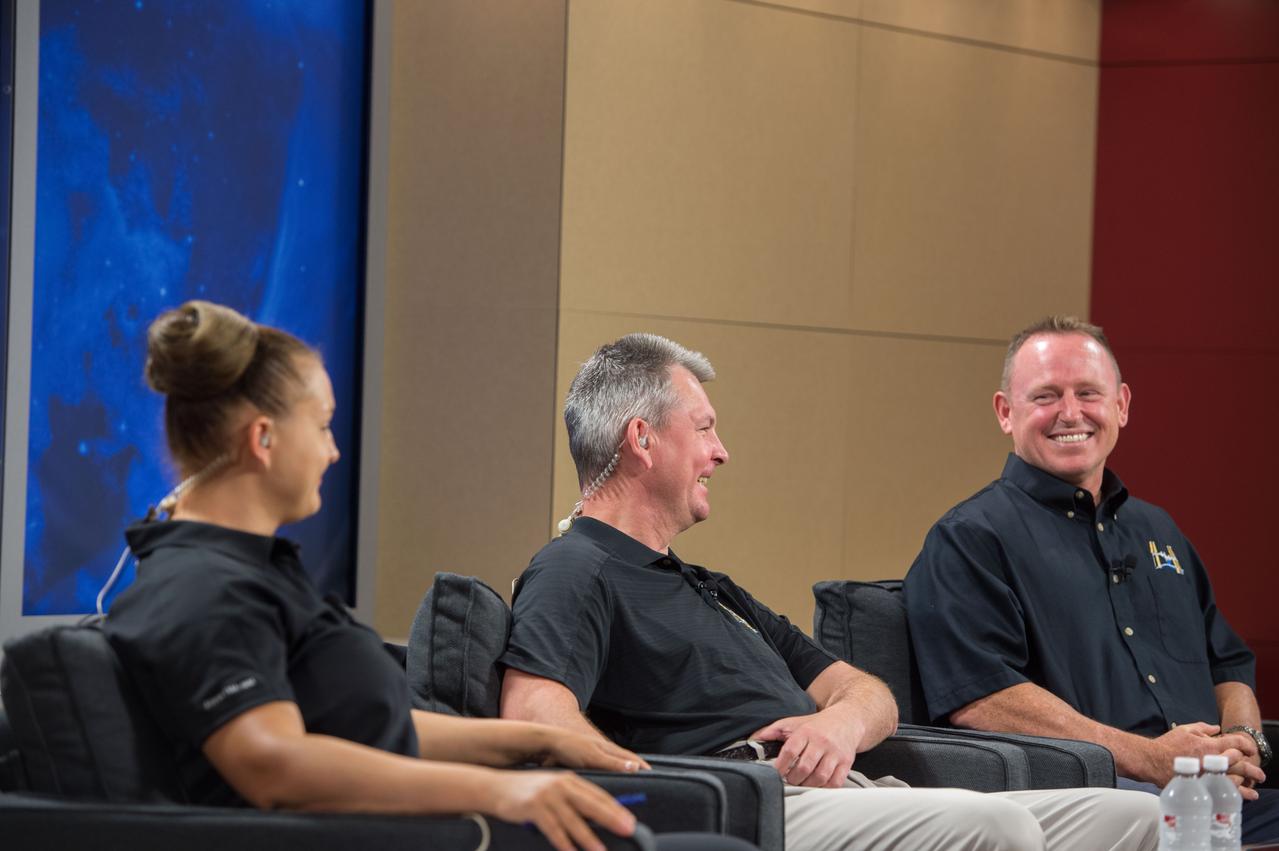  PHOTO DATE:  07-16-14  LOCATION:   Bldg. 2s - PAO Studio B SUBJECT: Expedition 41/42 Crew News Conference with crew members Elena Serova (RSA), Alexander Samokutyaev (RSA) and Barry "Butch" Wilmore.  PHOTOGRAPHER: BILL STAFFORD